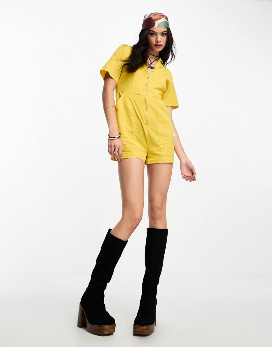 ASOS DESIGN linen look zip through utility playsuit in mustard