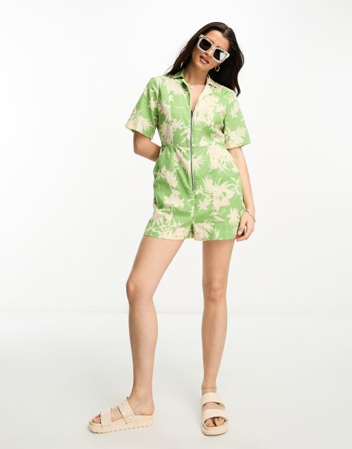 Women Tropical Plants Print Holiday Mini Jumpsuit Summer Playsuit