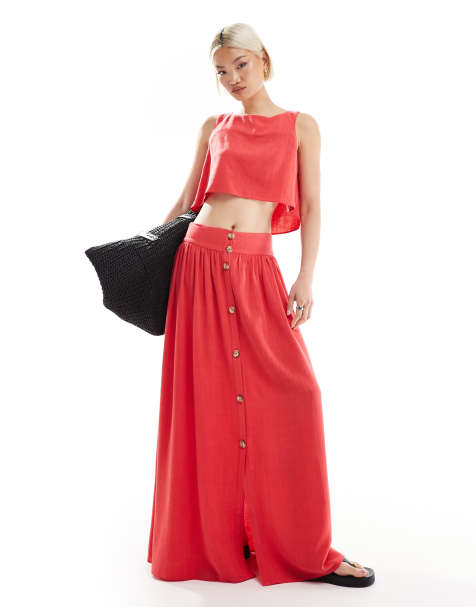 ASOS DESIGN linen maxi skirt with button front detail in coral (part of a set) - view 1