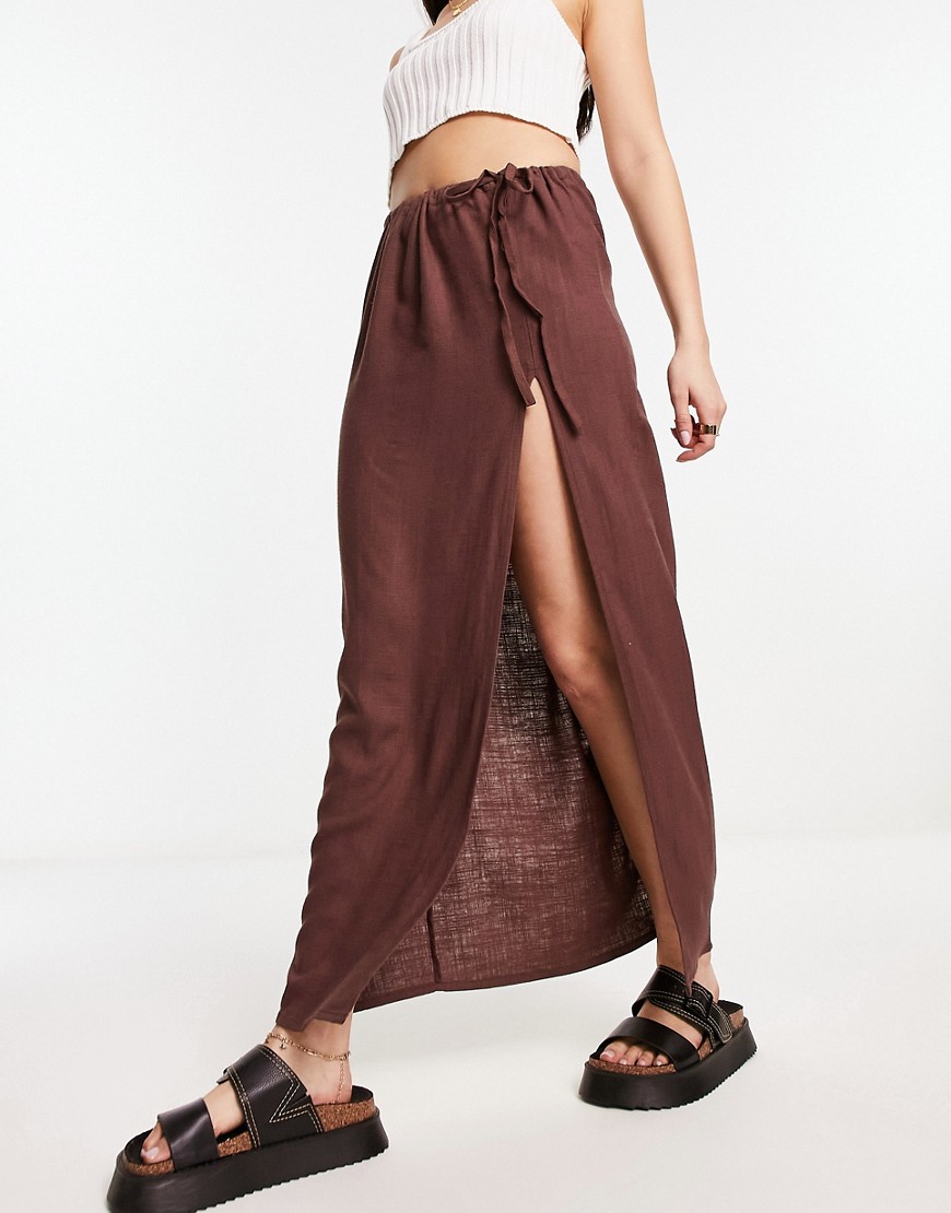 ASOS DESIGN linen maxi skirt with high split in chocolate-Brown