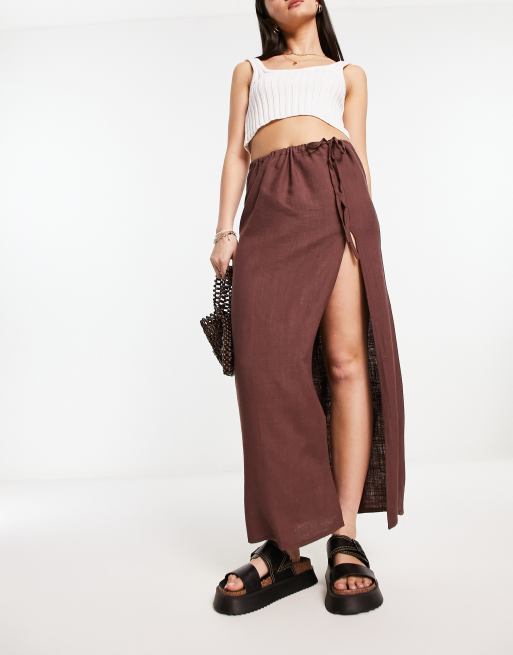 ASOS DESIGN linen maxi skirt with high split in chocolate