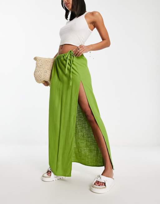 ASOS DESIGN linen maxi skirt with high split in green