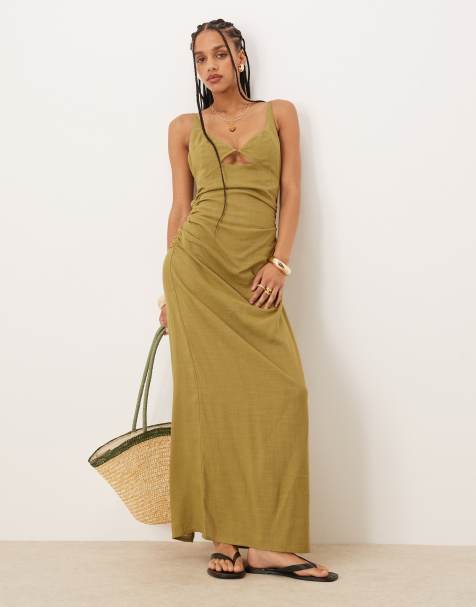 ASOS DESIGN linen maxi sundress with bralet cut out in olive - view 1