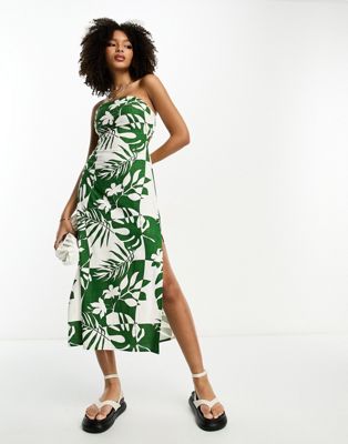 ASOS DESIGN linen midi bandeau sundress with cut out back in green abstract tropical print