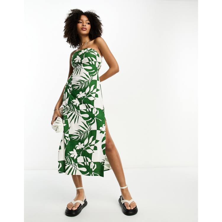 ASOS DESIGN linen midi bandeau sundress with cut out back in green abstract tropical print ASOS