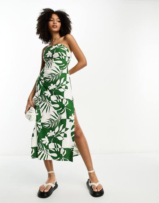 ASOS DESIGN linen midi bandeau sundress with cut out back in green ...