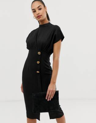 black midi dress buttons