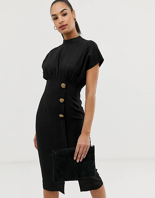 ASOS DESIGN linen midi dress with high neck and tortoiseshell buttons