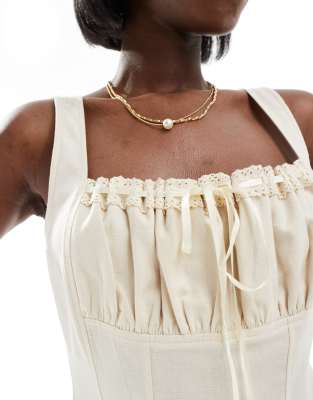 ASOS DESIGN linen midi pencil dress with ruched bust & ribbon trim in  natural | ASOS