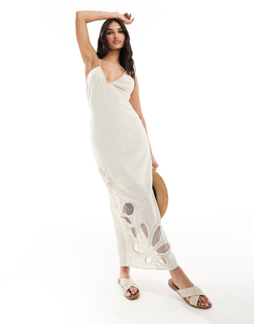 ASOS DESIGN linen midi slip dress with cutwork floral detail in natural-Neutral