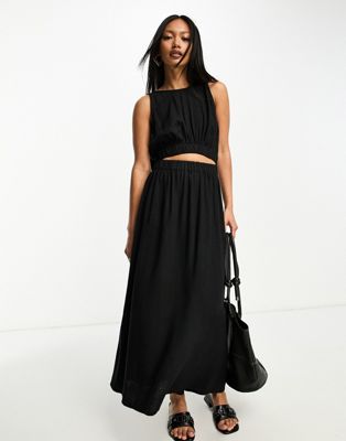 ASOS DESIGN linen midi sundress with cut out ruched detail in black