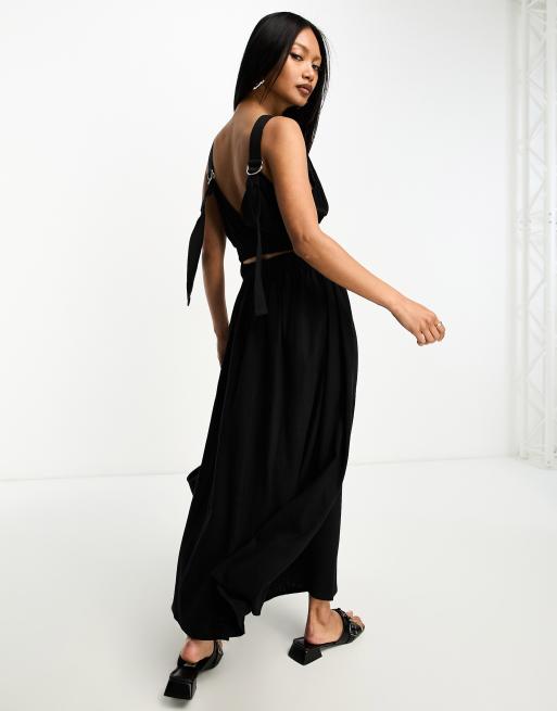 ASOS DESIGN linen midi sundress with cut out ruched detail in black