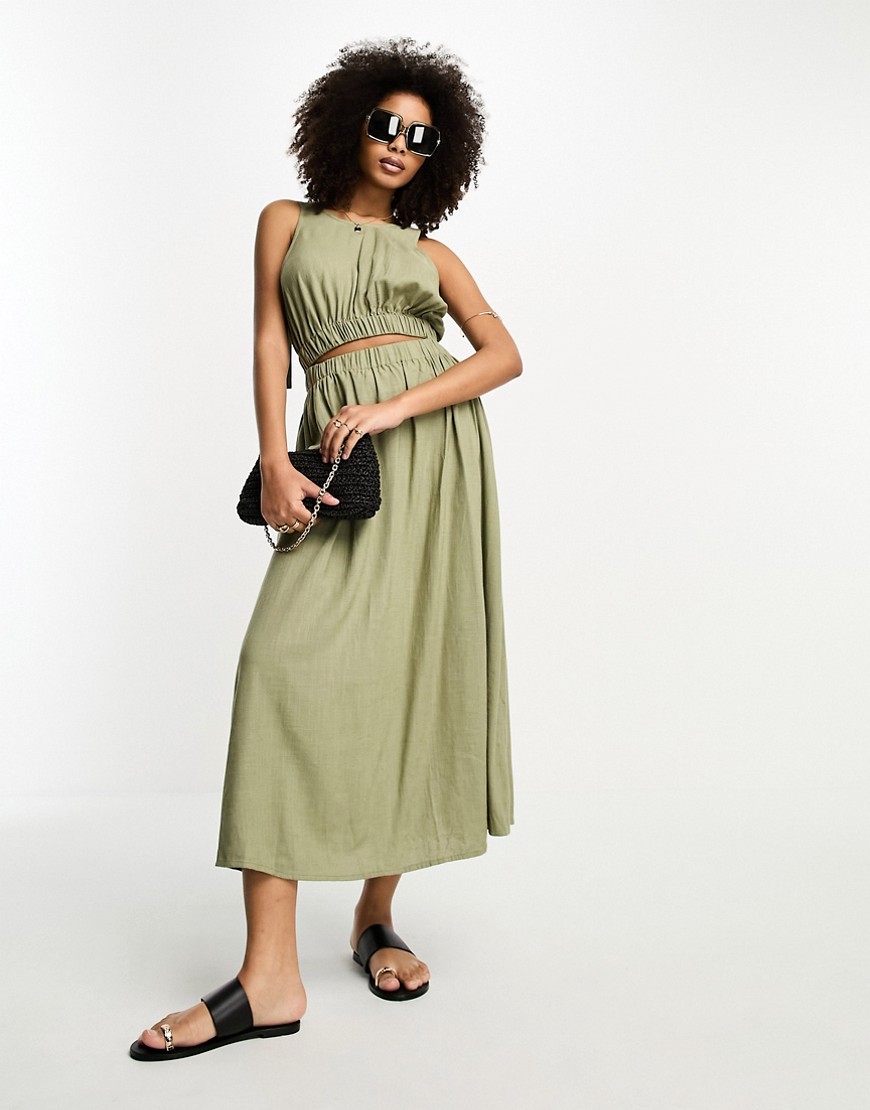 ASOS DESIGN linen midi sundress with cut out ruched detail in khaki-Green