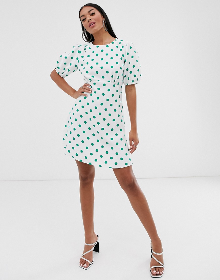 ASOS DESIGN linen mini dress with puff sleeves in polka dot-Multi
