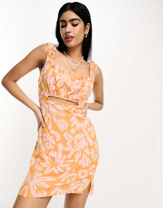 ASOS DESIGN linen mini sundress with ruched bust and cut out detail in tropical abstract print