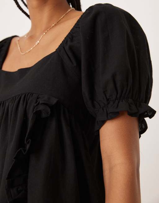 ASOS DESIGN linen mix babydoll puff sleeve romper with bow back detail in black, 4 of 4
