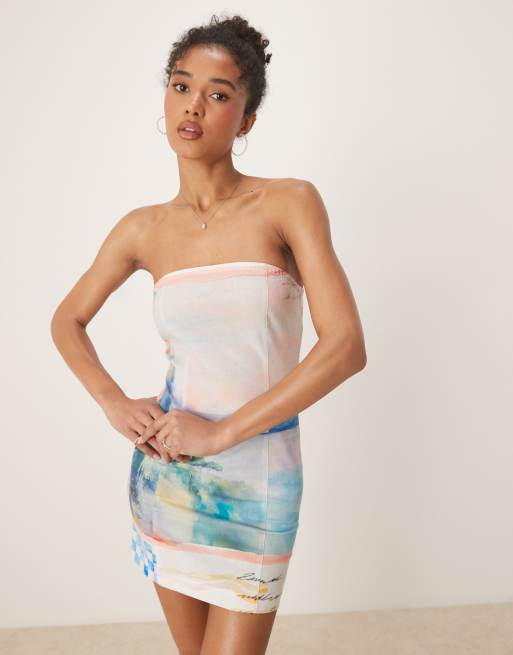 ASOS DESIGN linen mix bandeau mini dress in washed postcard print - part of a set