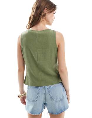 Asos Design Linen Mix Button Front Vest In Green