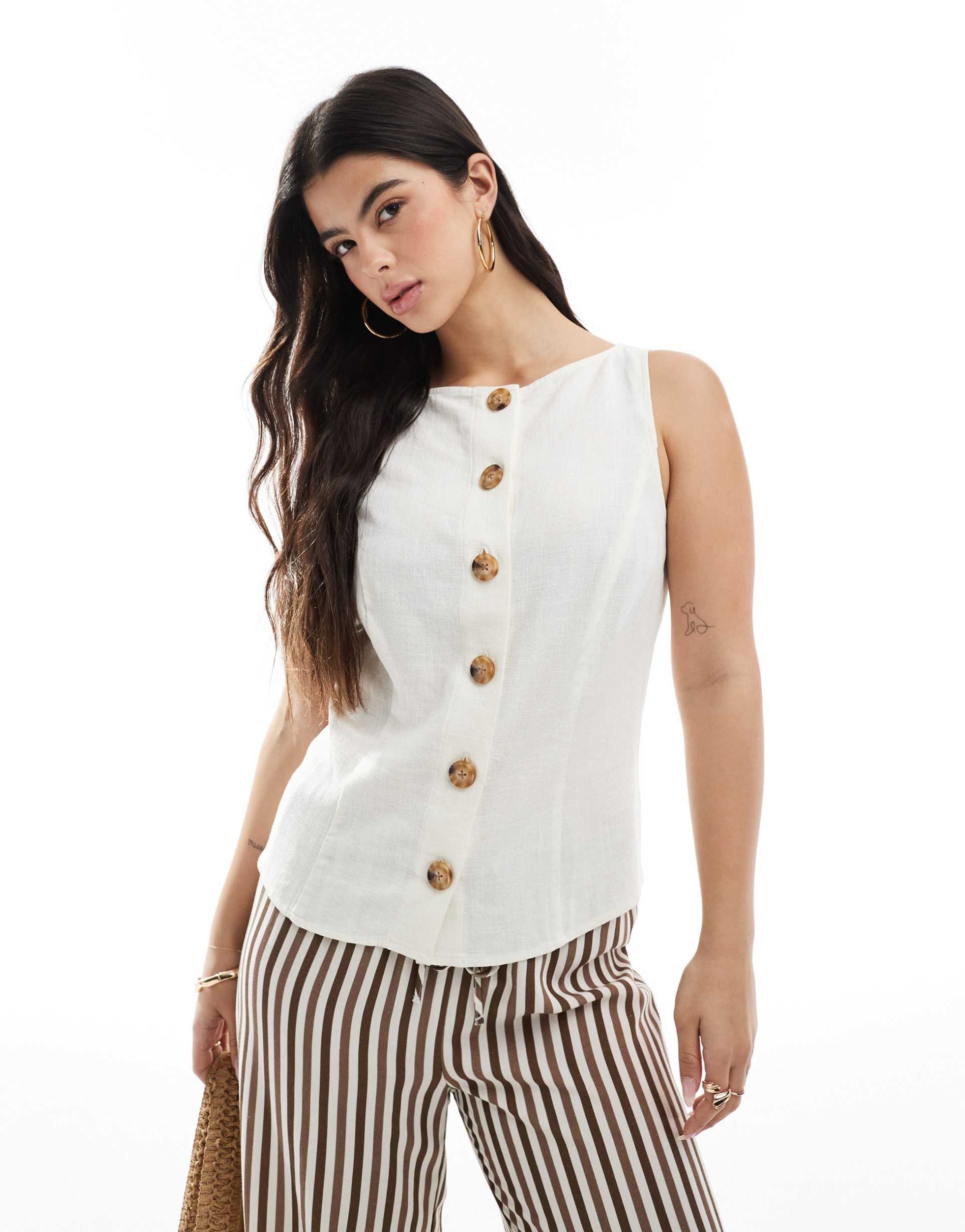 asos design linen mix button front vest in white