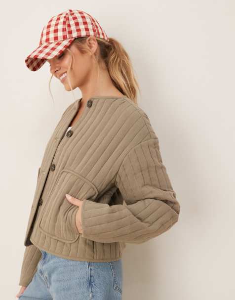 ASOS DESIGN linen mix collarless quilted cropped jacket in khaki - view 1