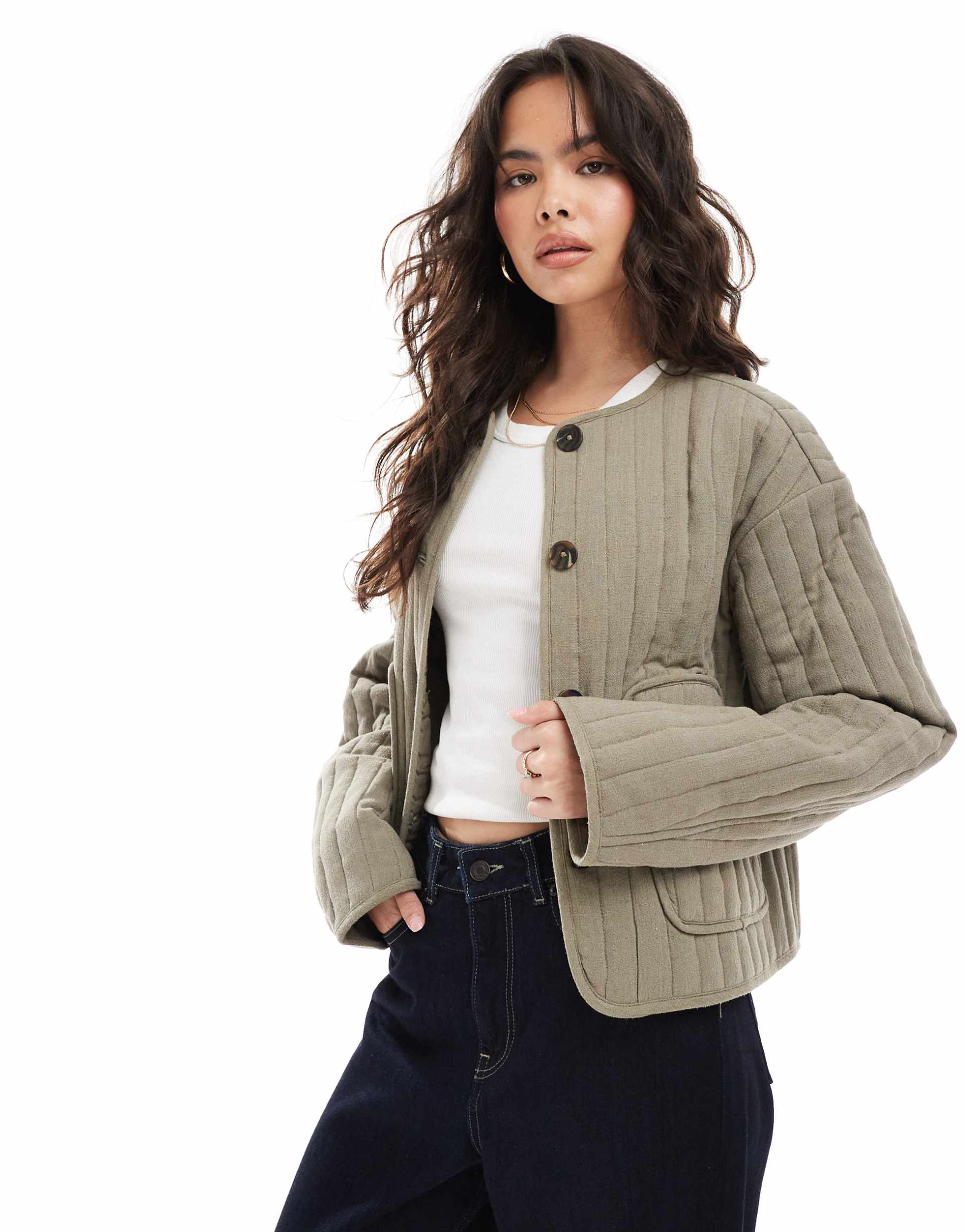 asos design linen mix collarless quilted cropped jacket in khaki