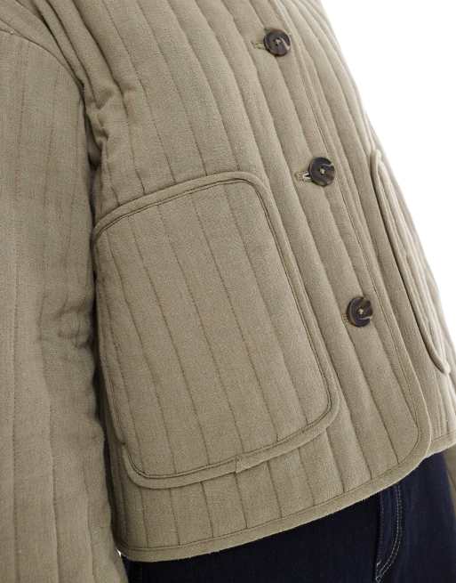 ASOS DESIGN linen mix collarless quilted cropped jacket in khaki, 2 of 4