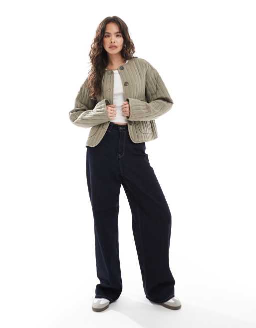 ASOS DESIGN linen mix collarless quilted cropped jacket in khaki, 3 of 4