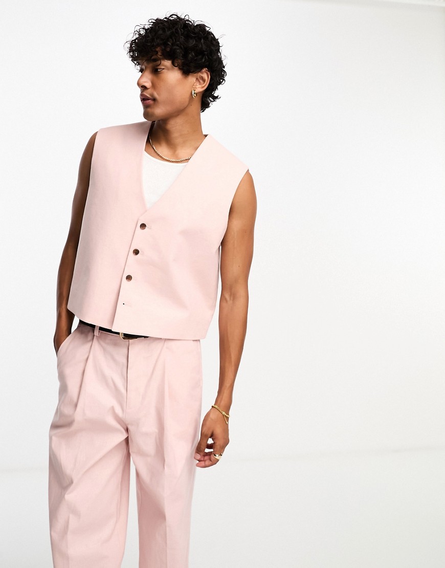 ASOS DESIGN linen mix cropped suit waistcoat in pink