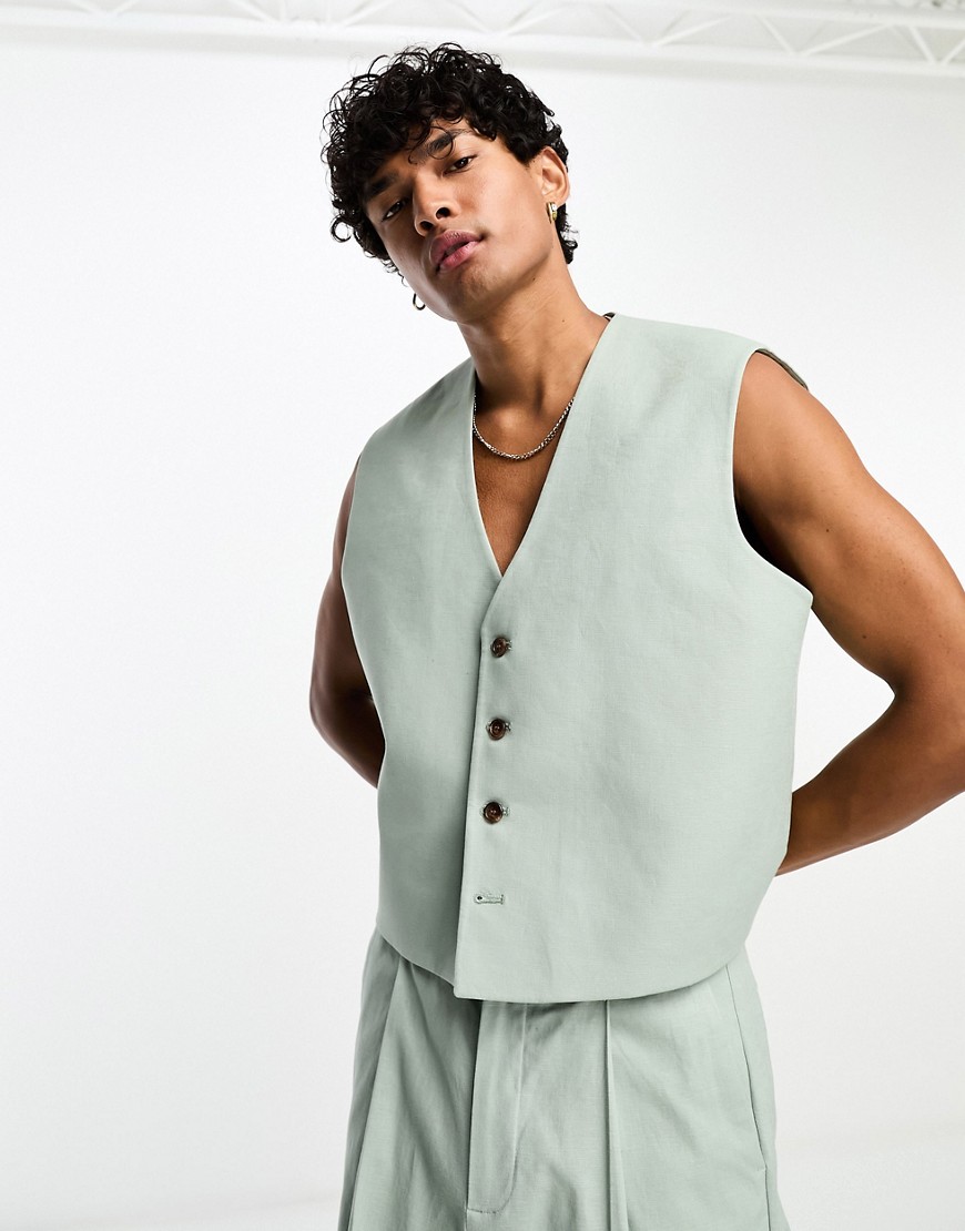 ASOS DESIGN linen mix cropped suit waistcoat in sage-Green