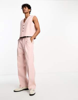 ASOS DESIGN linen mix cropped wide leg suit pants in pink