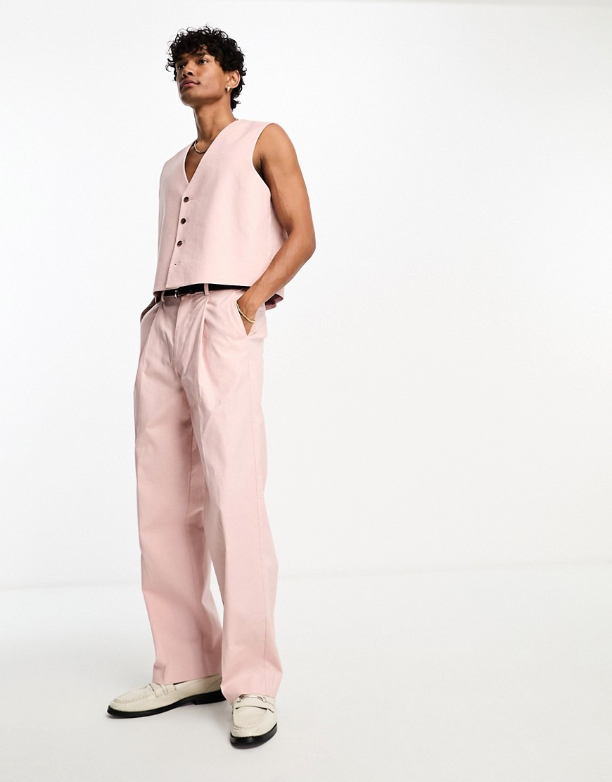ASOS DESIGN linen mix cropped wide leg suit trouser in pink