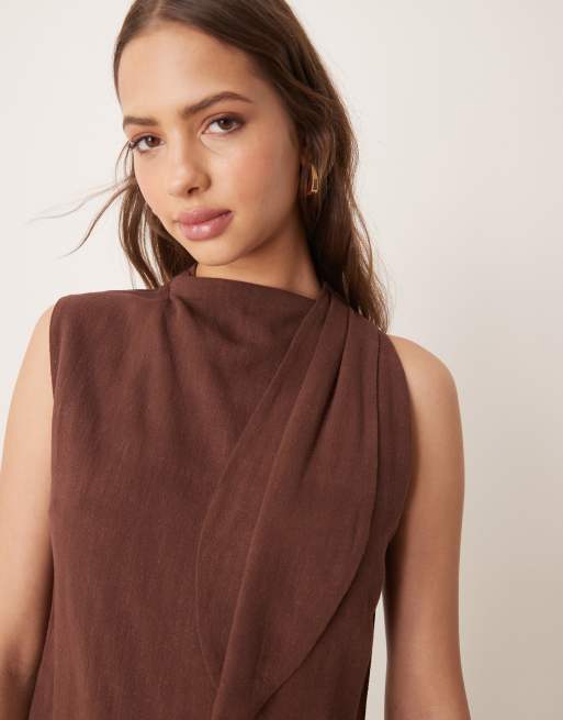 ASOS DESIGN linen mix double layer neck tie detail romper in chocolate