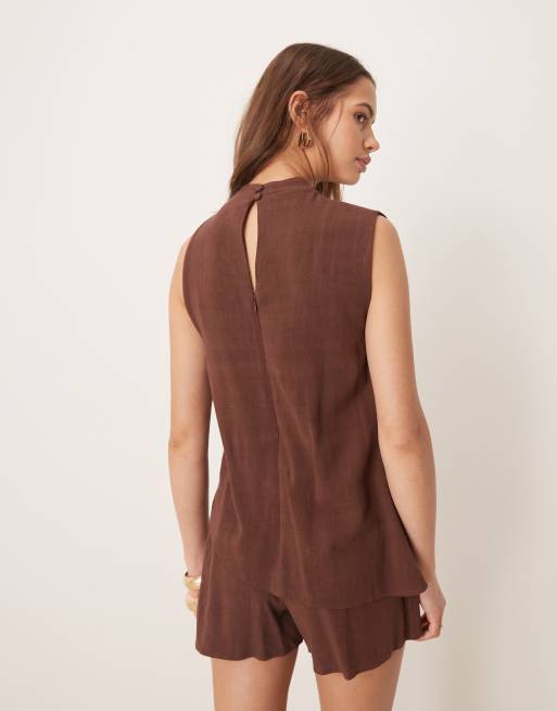 ASOS DESIGN linen mix double layer neck tie detail romper in chocolate