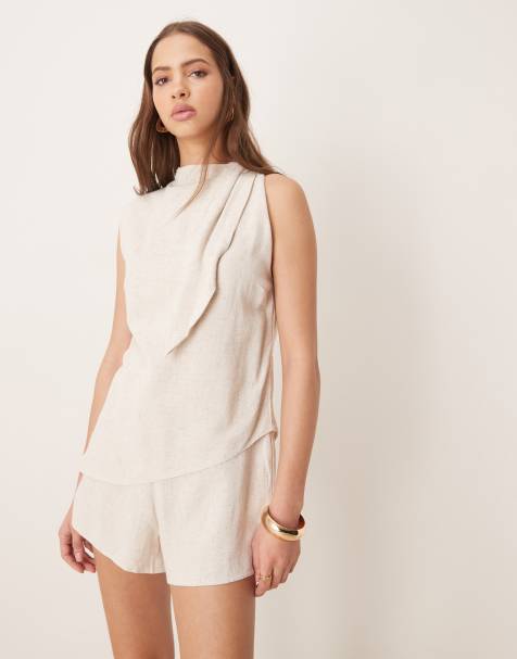 ASOS DESIGN linen mix double layer neck tie detail romper in oat - view 1