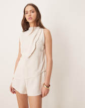ASOS DESIGN linen double layer neck tie detail romper in lime green