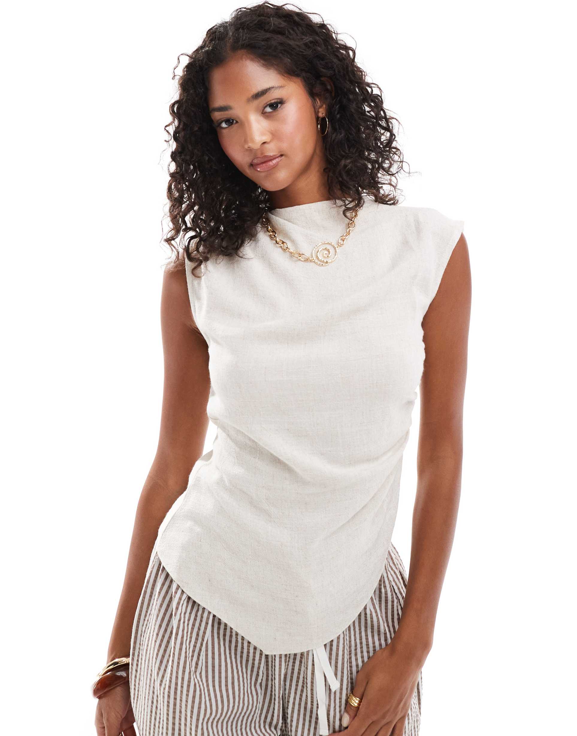 asos design linen mix drapey high neck asymmetric dressy top in natural
