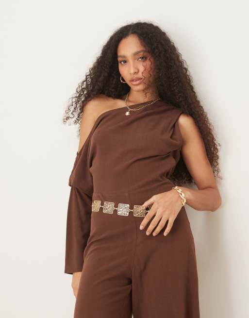 ASOS DESIGN linen mix fallen shoulder jumpsuit in chocolate brown