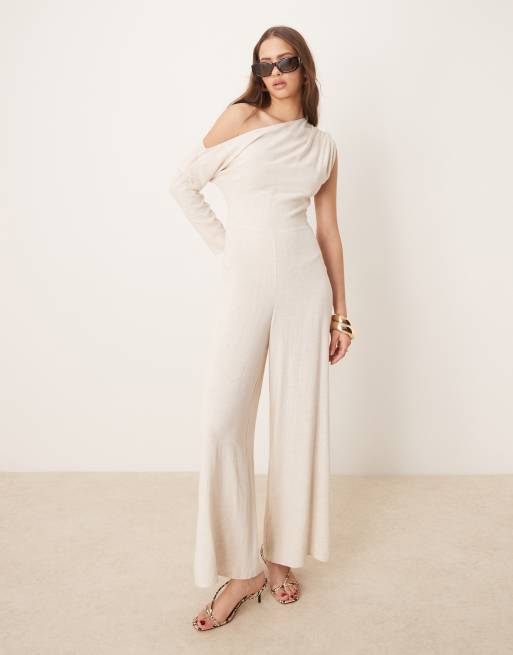 ASOS DESIGN linen mix fallen shoulder jumpsuit in oat