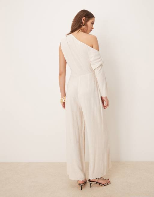 ASOS DESIGN linen mix fallen shoulder jumpsuit in oat