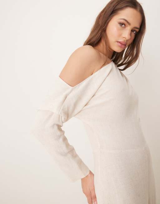 ASOS DESIGN linen mix fallen shoulder jumpsuit in oat