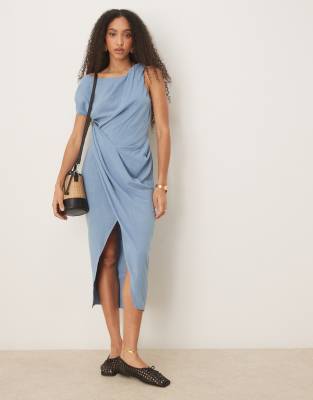 Asos Design Linen Mix Fallen Twist Shoulder Wrap Skirt Detail Midi Dress