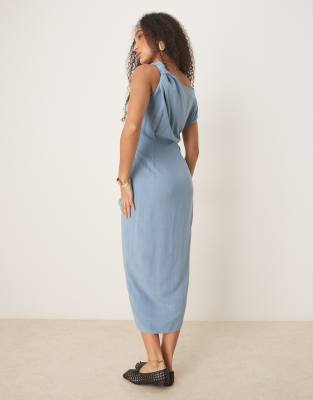 ASOS DESIGN LINEN MIX FALLEN TWIST SHOULDER WRAP SKIRT DETAIL MIDI DRESS 