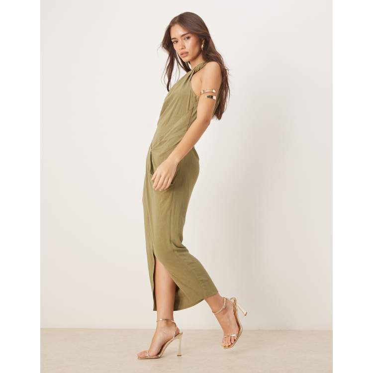 ASOS DESIGN linen mix fallen twist shoulder wrap skirt detail midi  