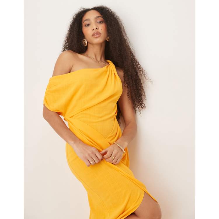 ASOS DESIGN linen mix fallen twist shoulder wrap skirt detail midi dress in  orange | ASOS