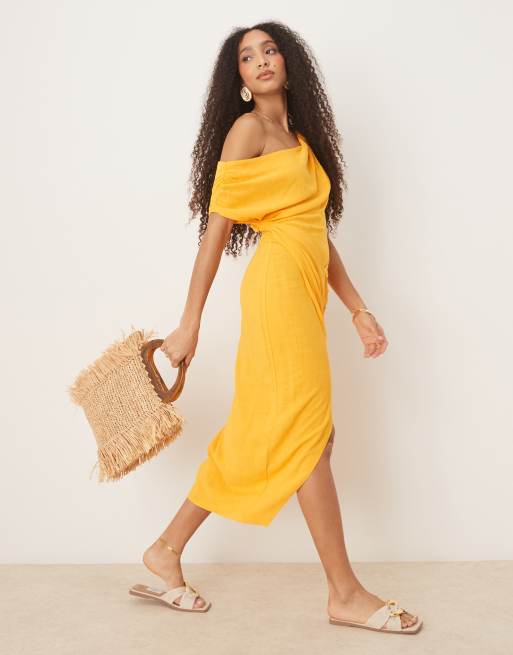 ASOS DESIGN linen fallen twist shoulder wrap skirt detail midi dress in orange