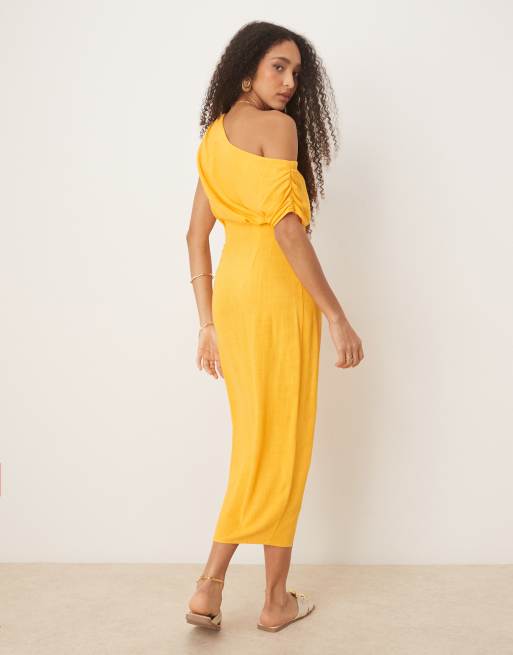 ASOS DESIGN linen fallen twist shoulder wrap skirt detail midi dress in orange