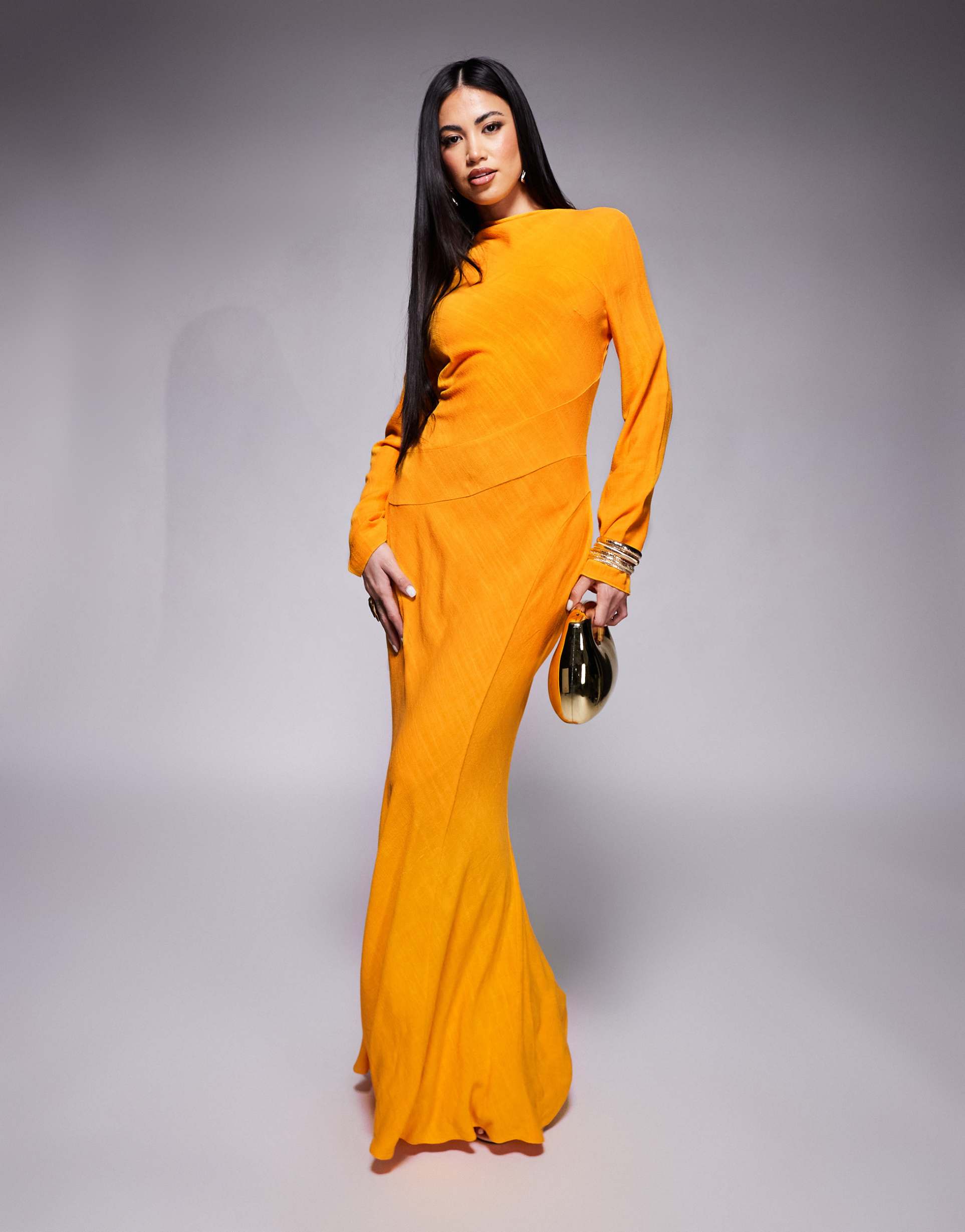 asos design linen mix high neck seam detail maxi dress in orange