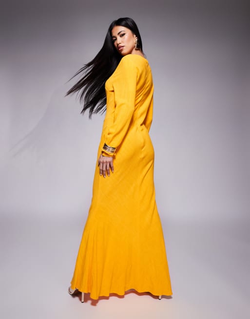 ASOS DESIGN linen mix high neck seam detail maxi dress in orange
