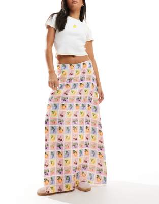 Asos Design Linen Mix Maxi Skirt In Tile Fruit Print-multi