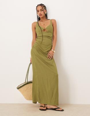 ASOS DESIGN linen mix maxi sundress with bralet cut out in olive-Green